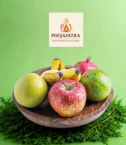 पूजा के लिए ताजे फलों की थाली – व्रत, हवन, और धार्मिक अनुष्ठानों हेतु